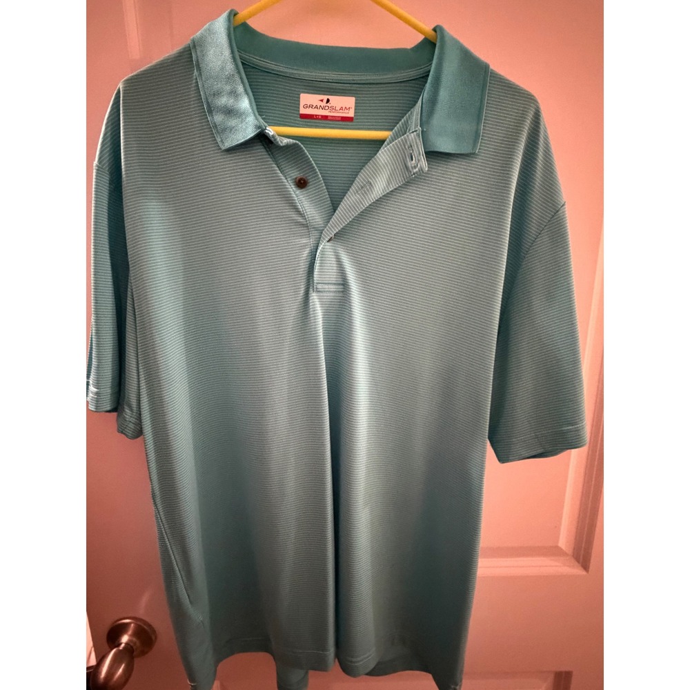 Grand Slam Performance Mens Large Teal Blue Micro Stripe Short‎ Sleeve Golf Polo